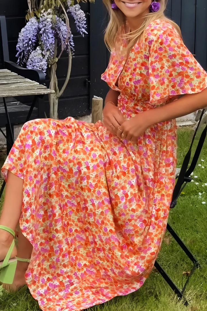 Light & flowy floral print V-neck maxi dress for women, suitable for elegant summer weddings & parties.