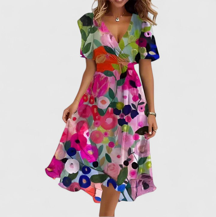 Comfortable summer floral midi dress with a flattering V-neck. Essential women's fashion for warm weather.
