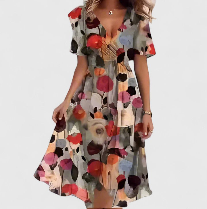 Stylish women's floral V-neck midi dress, great for summer parties, casual wear, or elegant occasions.