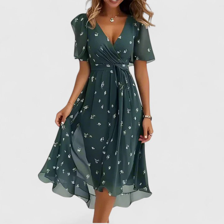 Casual yet elegant women's floral V-neck midi dress. A must-have flowy summer dress for any wardrobe.