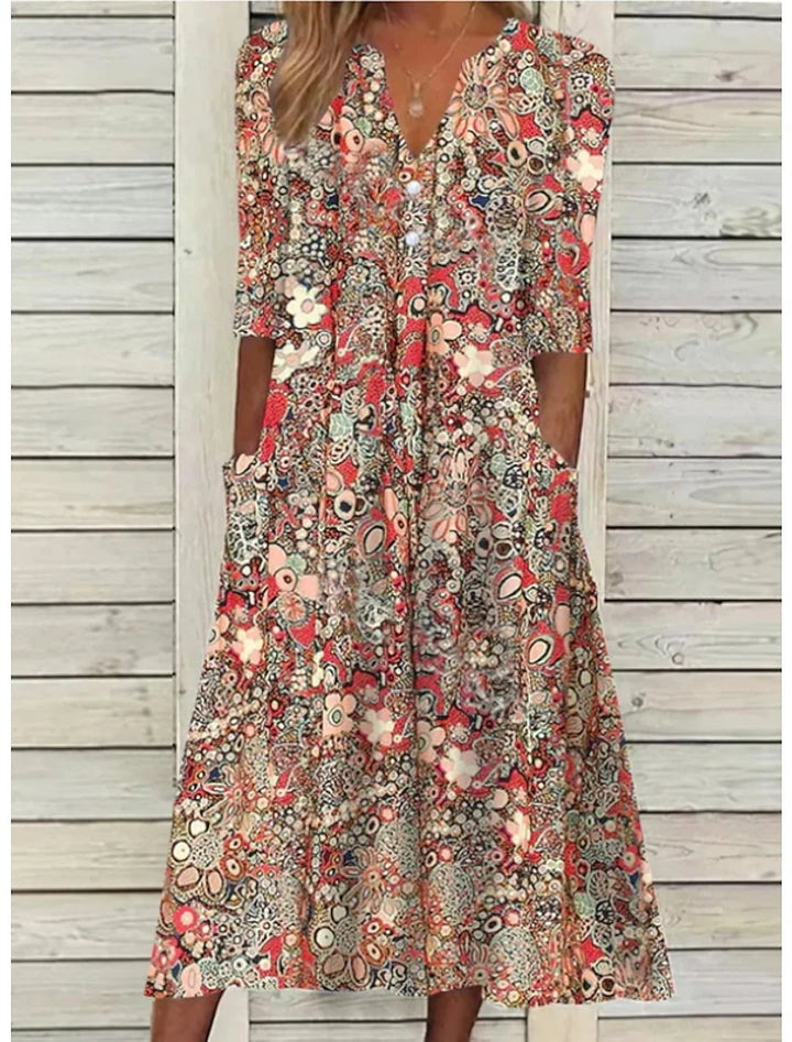 Women's floral V-neck midi dress with 3/4 sleeves & pockets. Perfect for summer casual or elegant occasions.