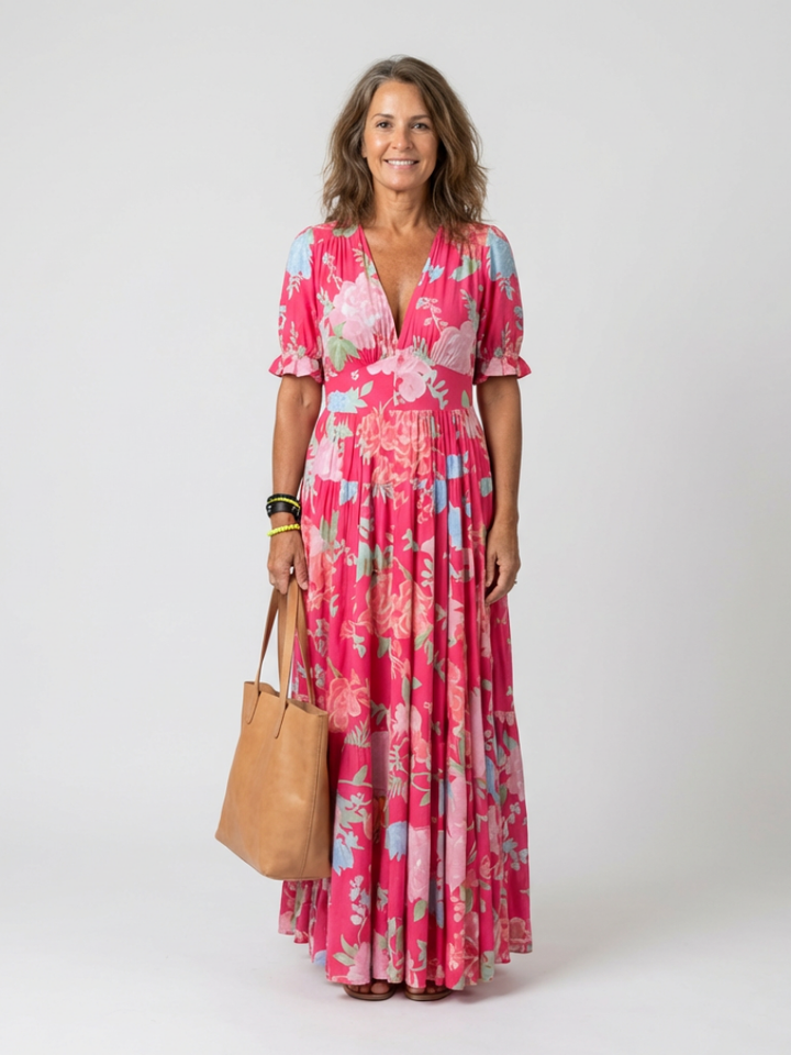 Women's floral V-neck midi dress with elegant flutter sleeves, perfect for summer. Casual & comfortable.