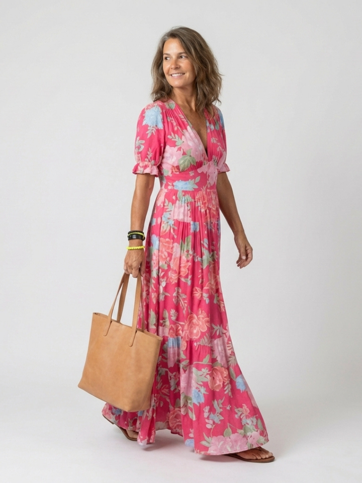 Casual floral print V-neck midi dress for women, featuring stylish flutter sleeves. Ideal for spring vacation.