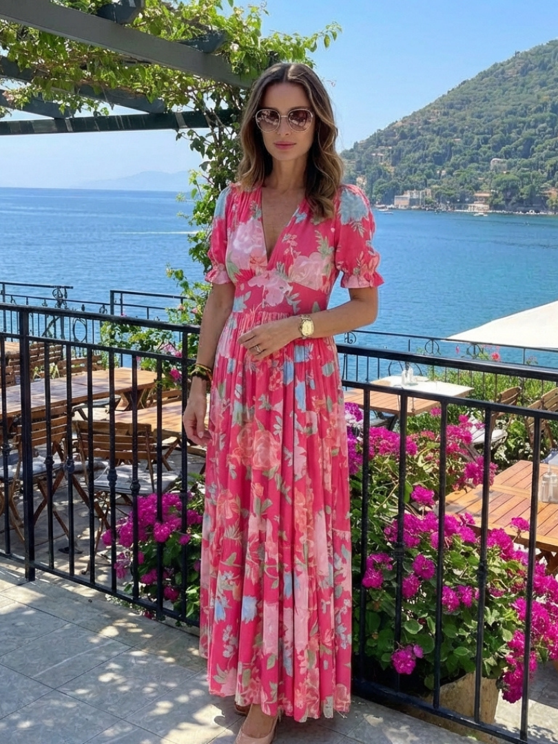 Comfortable women's floral V-neck midi dress with charming flutter sleeves. Great for summer & spring wear.