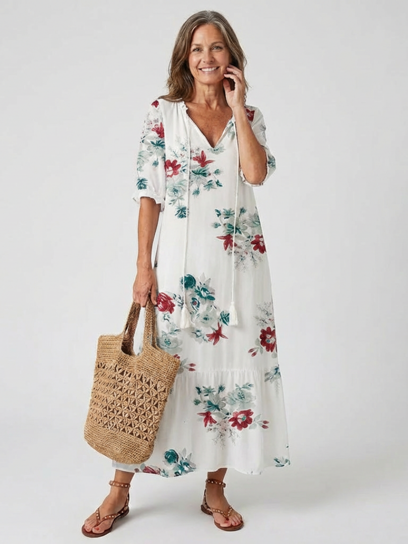 Versatile women's floral V-neck midi dress for summer. Short sleeve, relaxed fit, great for everyday casual style.