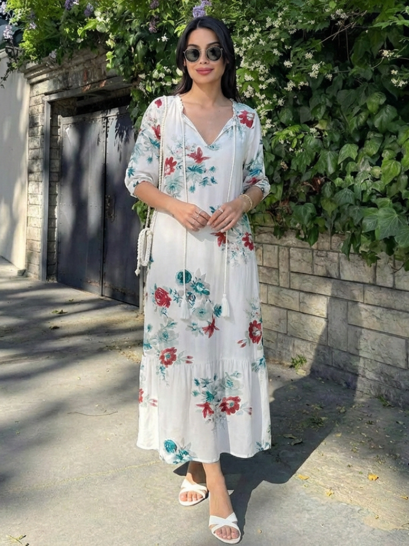 Beautiful women's floral print V-neck midi dress. Short sleeve, relaxed fit, comfortable for summer & casual wear.