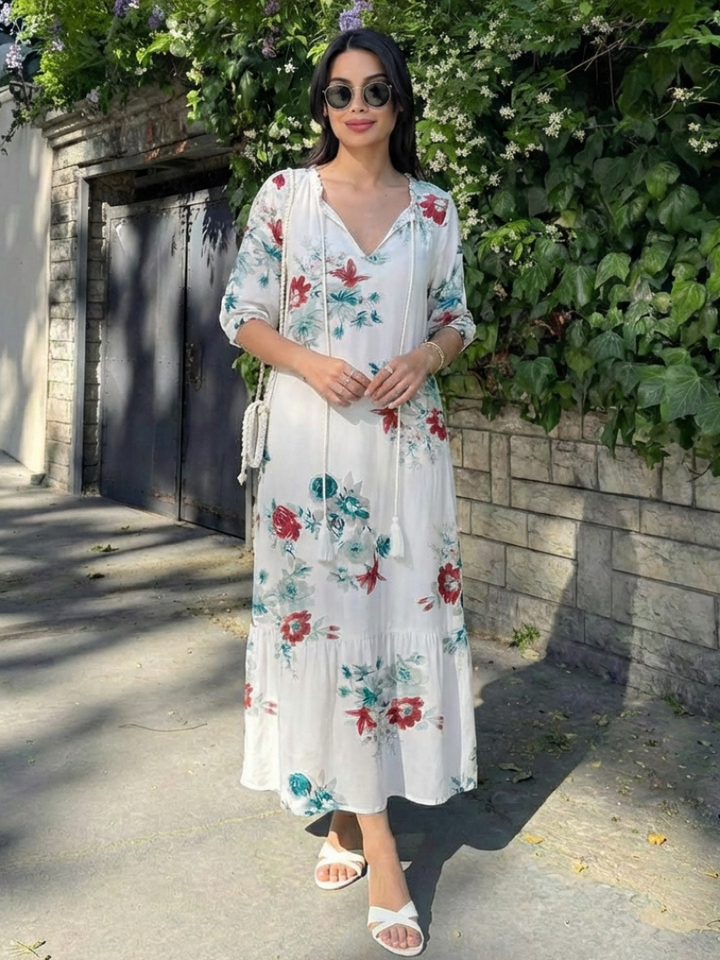 Beautiful women's floral print V-neck midi dress. Short sleeve, relaxed fit, comfortable for summer & casual wear.