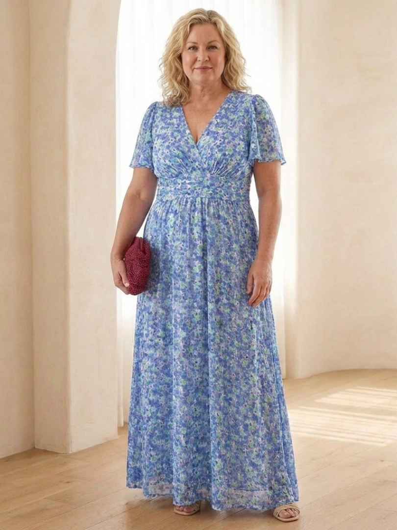 Summer casual flowing floral maxi dress with a flattering V-neck and comfortable short sleeves.
