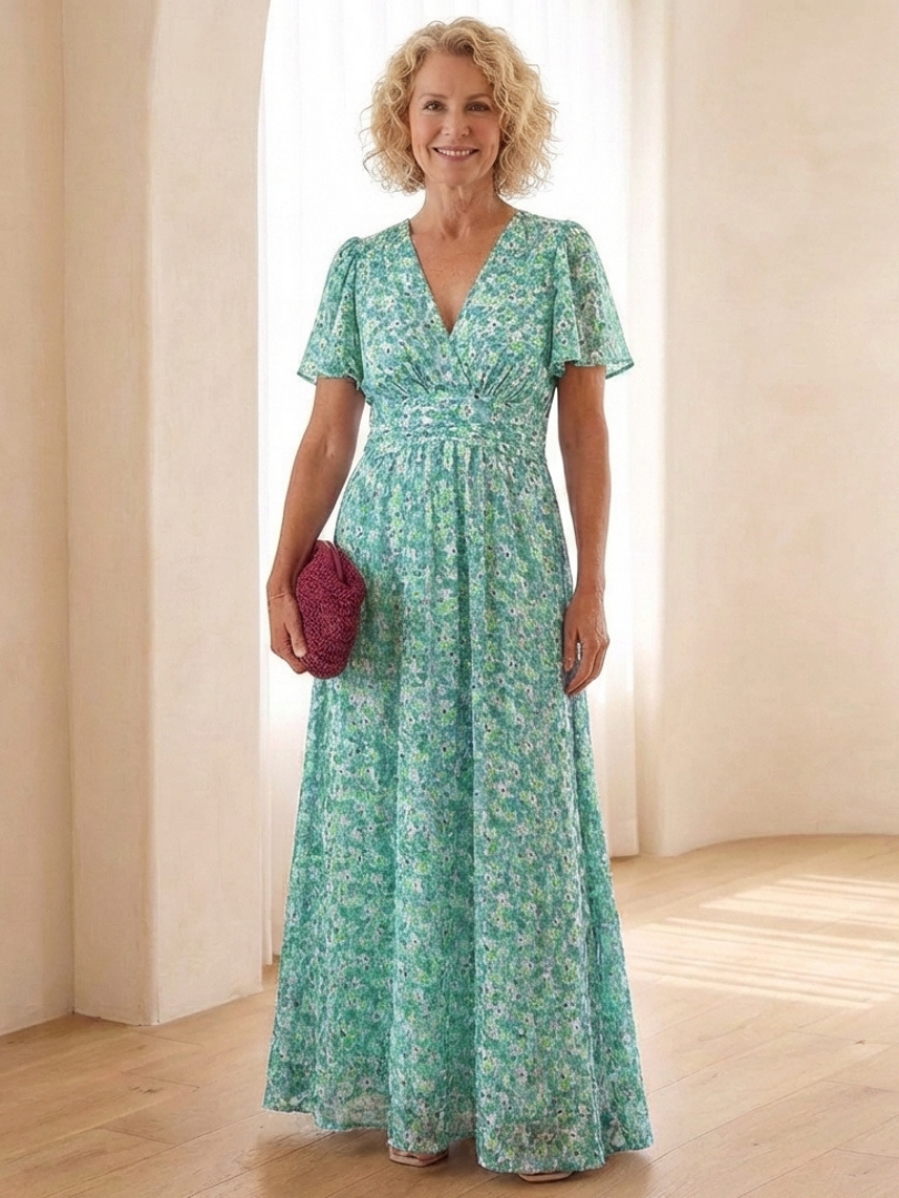 Women's casual floral maxi dress with V-neck, short sleeves, flowing & comfortable for summer.