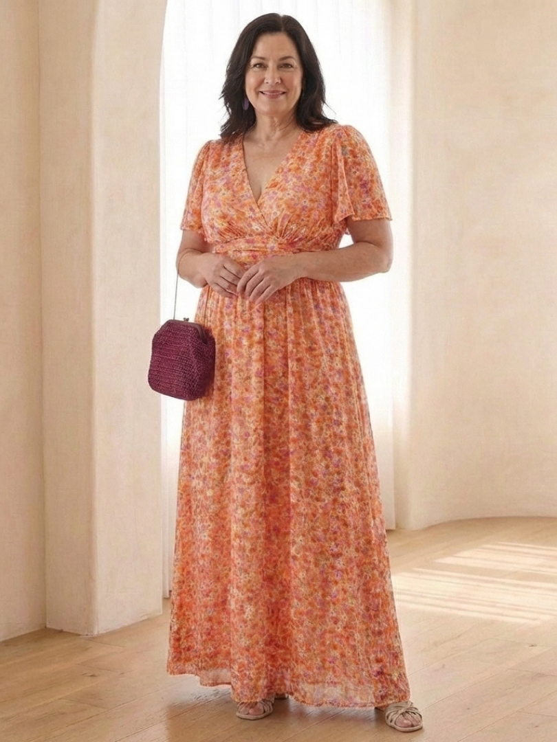 Elegant floral print V-neck maxi dress with short sleeves, ideal for women's summer fashion.