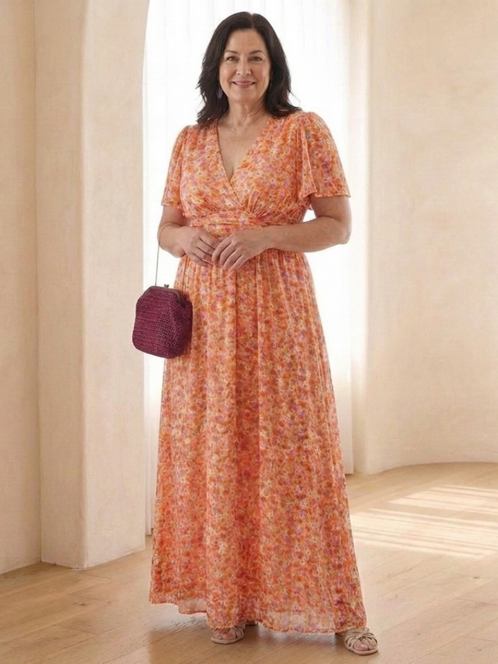 Elegant floral print V-neck maxi dress with short sleeves, ideal for women's summer fashion.