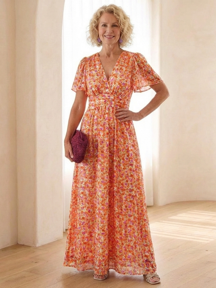 Women's day dress: comfortable, flowing floral maxi with V-neck and short sleeves, relaxed fit.