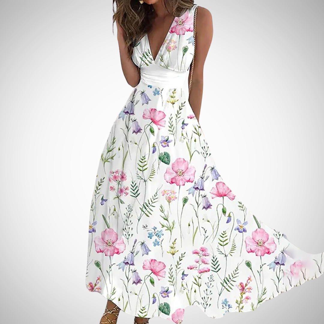 Elegant women's sleeveless V-neck maxi dress with a vibrant floral pattern, comfortable for spring and summer evenings.