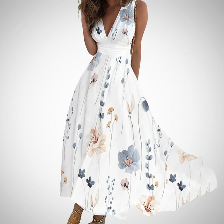 Long floral maxi dress for women, sleeveless with a flattering V-neck, a beautiful and comfortable choice for any season.