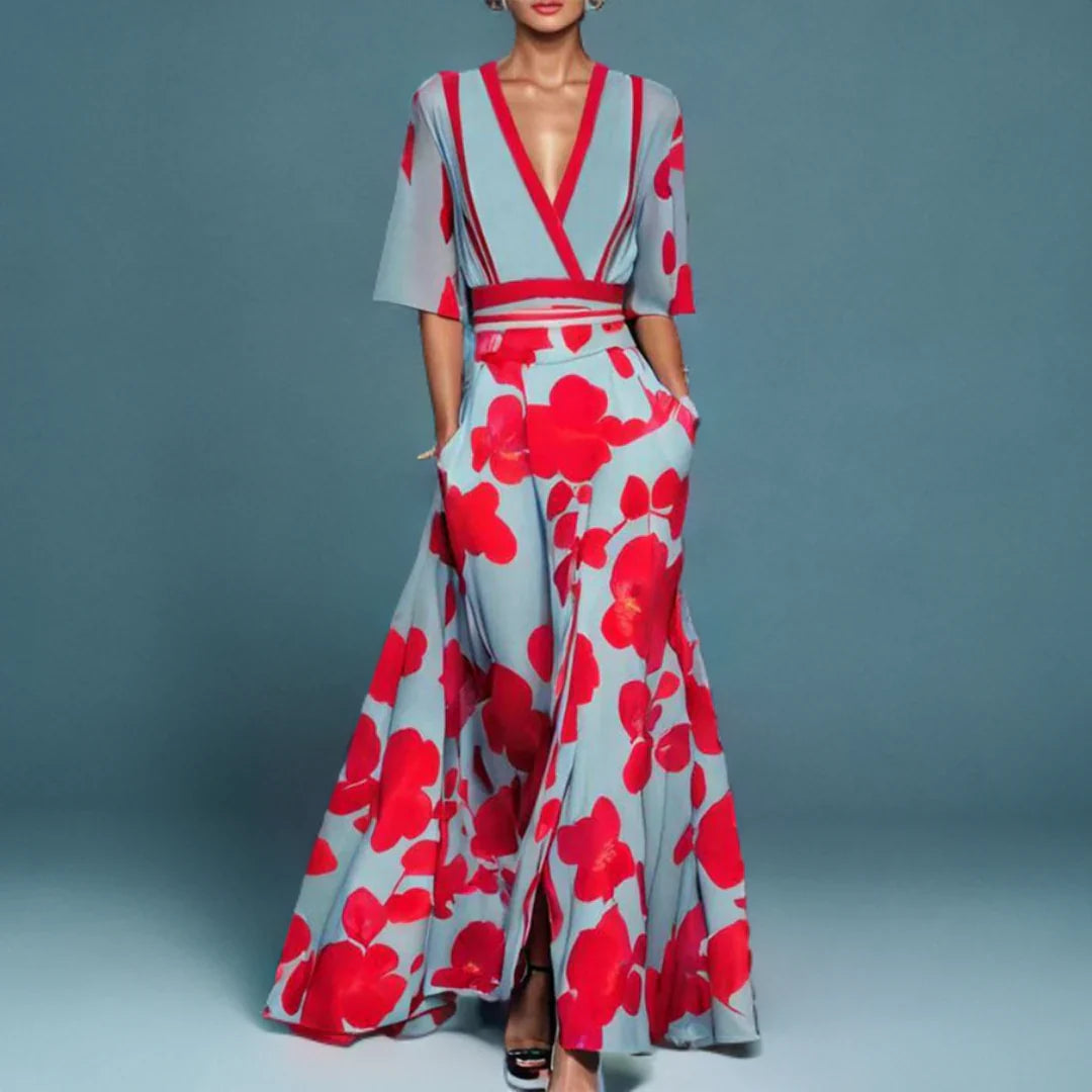 Women's floral wrap maxi dress with vibrant red poppy print, elegant V-neck and kimono sleeves, perfect for summer.