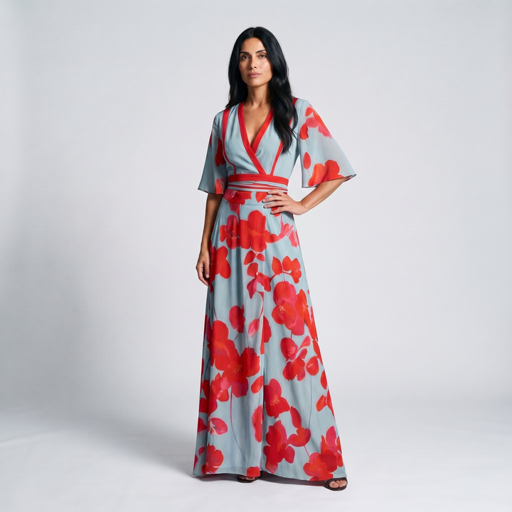Elegant women's floral wrap maxi dress with red poppy print, ideal for wedding guests, parties, or summer occasions.