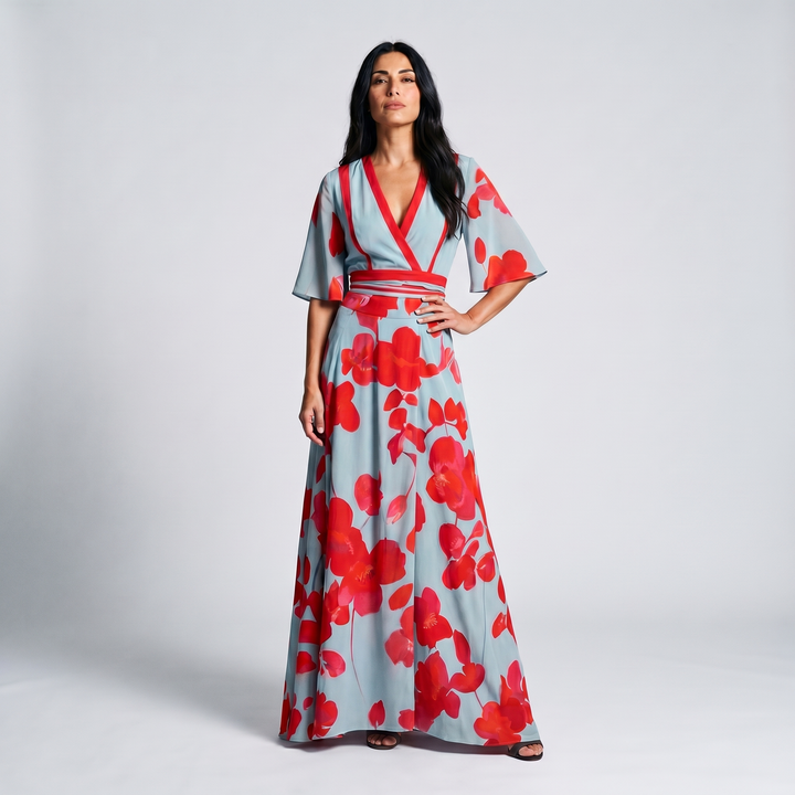 Stunning long women's wrap maxi dress, red poppy floral print, V-neck, and flowing kimono sleeves for an elegant look.