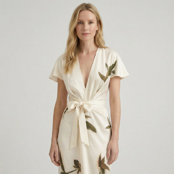Model wearing a stylish floral wrap midi dress, perfect for wedding guests or parties.