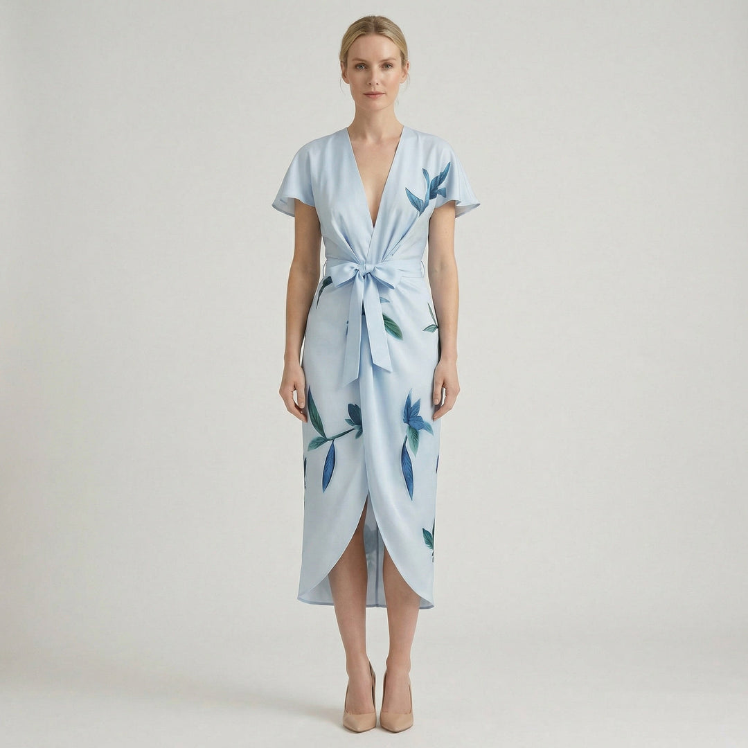Side view of a women's floral wrap midi dress, showcasing the flattering silhouette.
