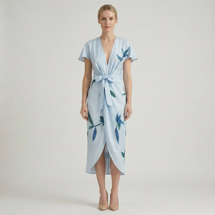 Side view of a women's floral wrap midi dress, showcasing the flattering silhouette.