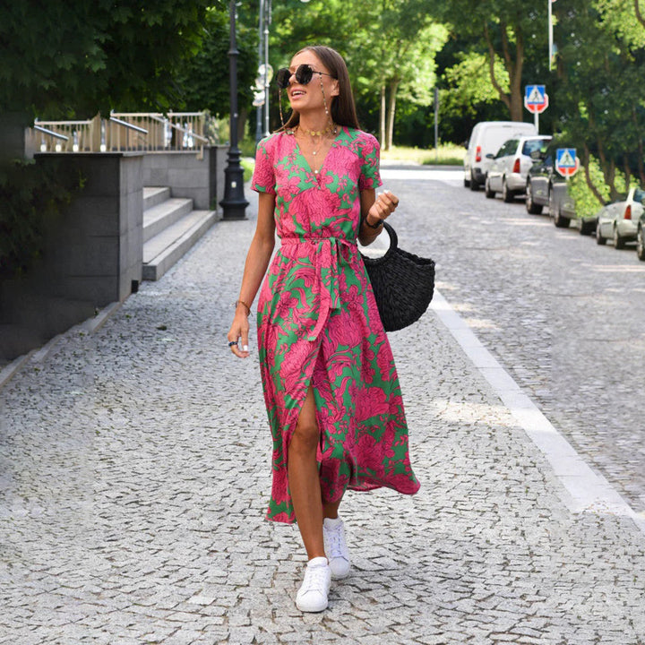 Comfortable women's short sleeve floral wrap midi dress, versatile for any occasion.