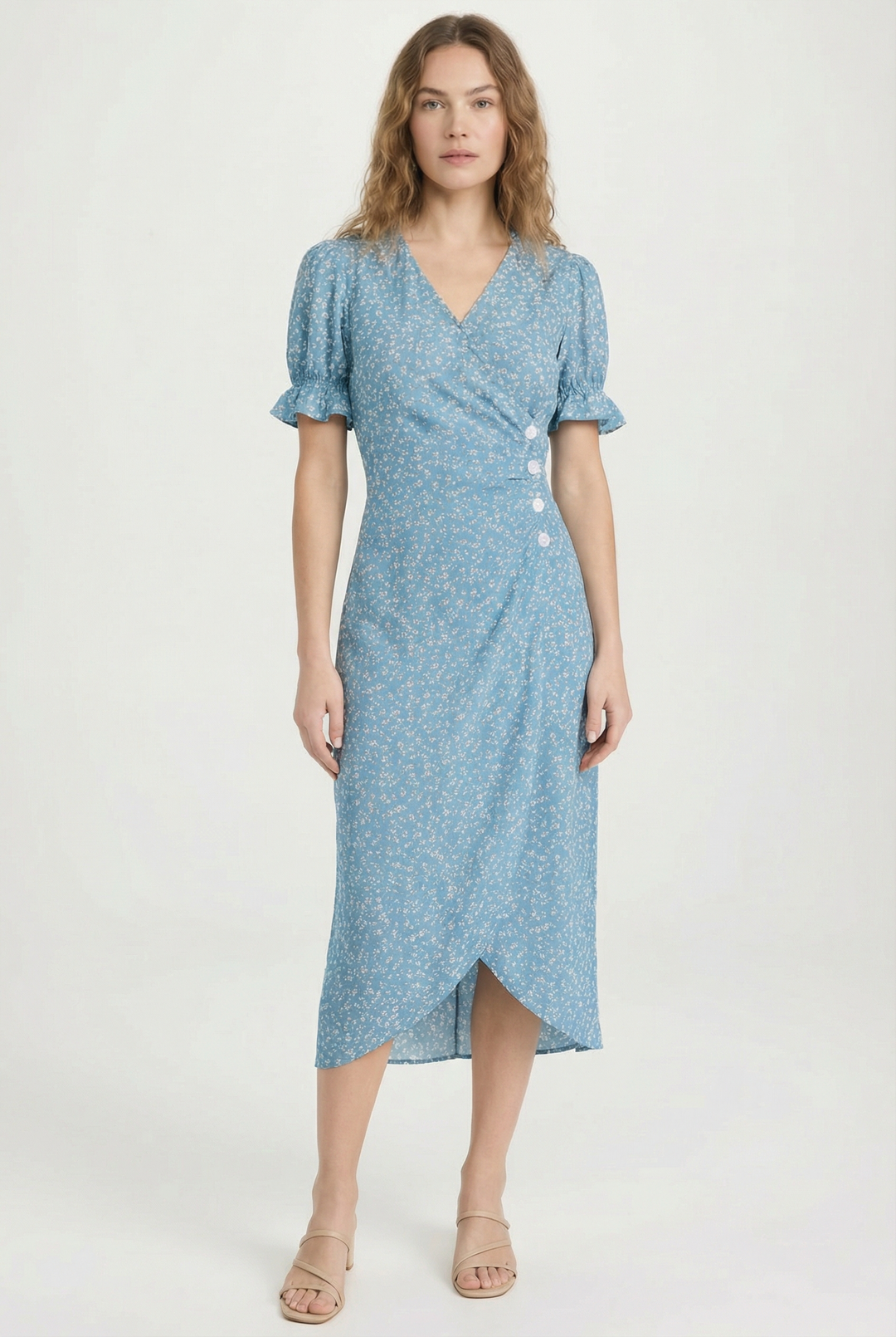 Women's floral wrap midi dress with v-neck and flutter sleeves for elegant summer style.