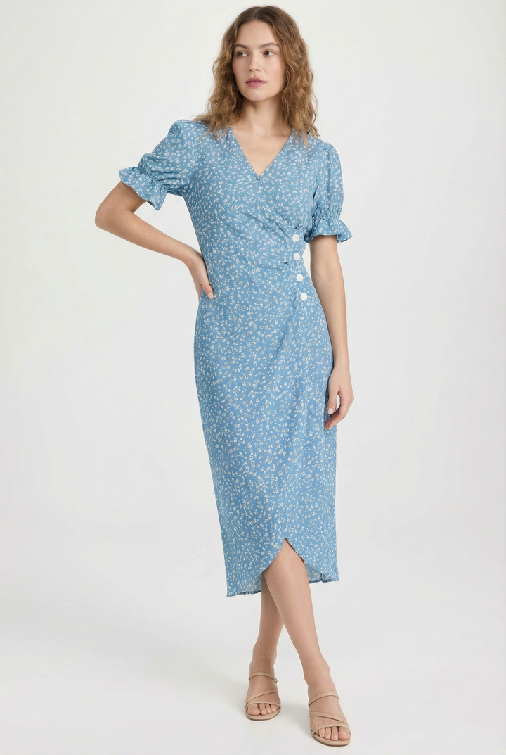 Chic floral print midi wrap dress, perfect casual summer dress for women.