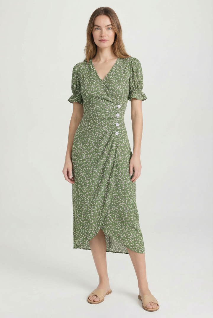 Stylish women's V-neck midi dress with a vibrant floral pattern and wrap silhouette.