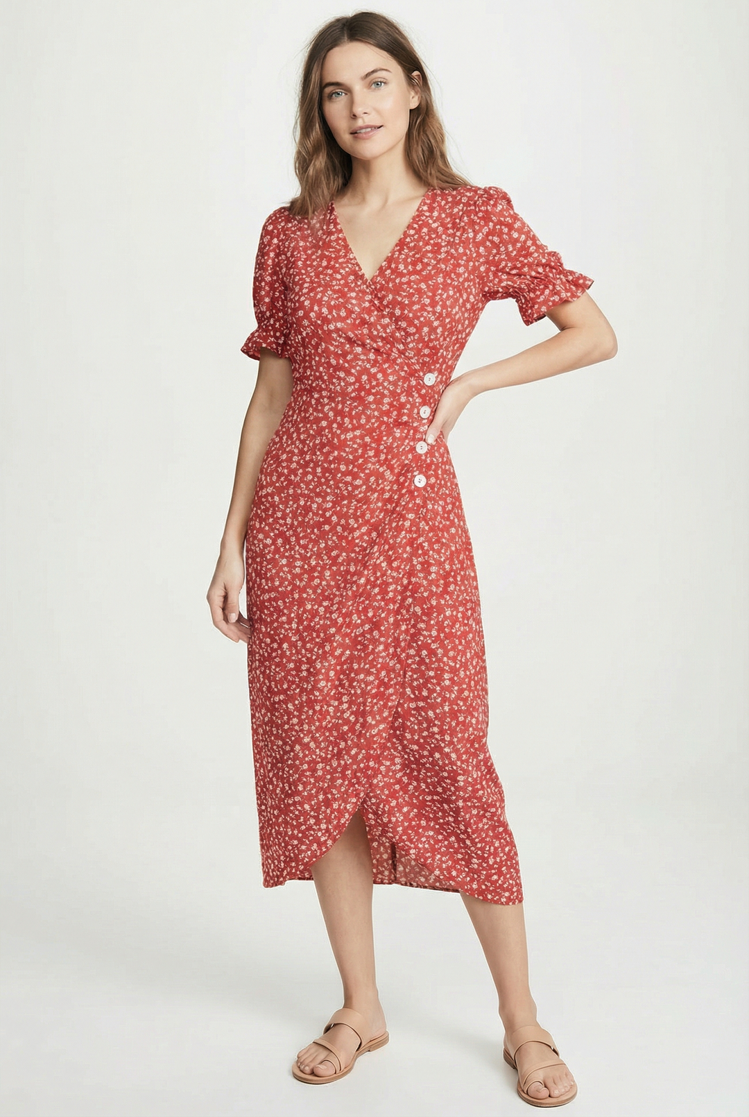 Effortless summer style: Women's floral print midi wrap dress with flutter sleeves.