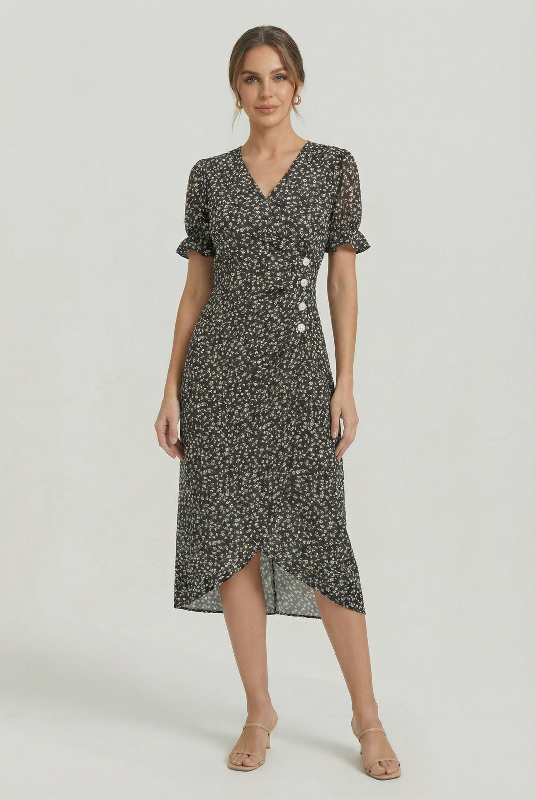Versatile floral wrap midi dress, a must-have women's dress for warm weather.