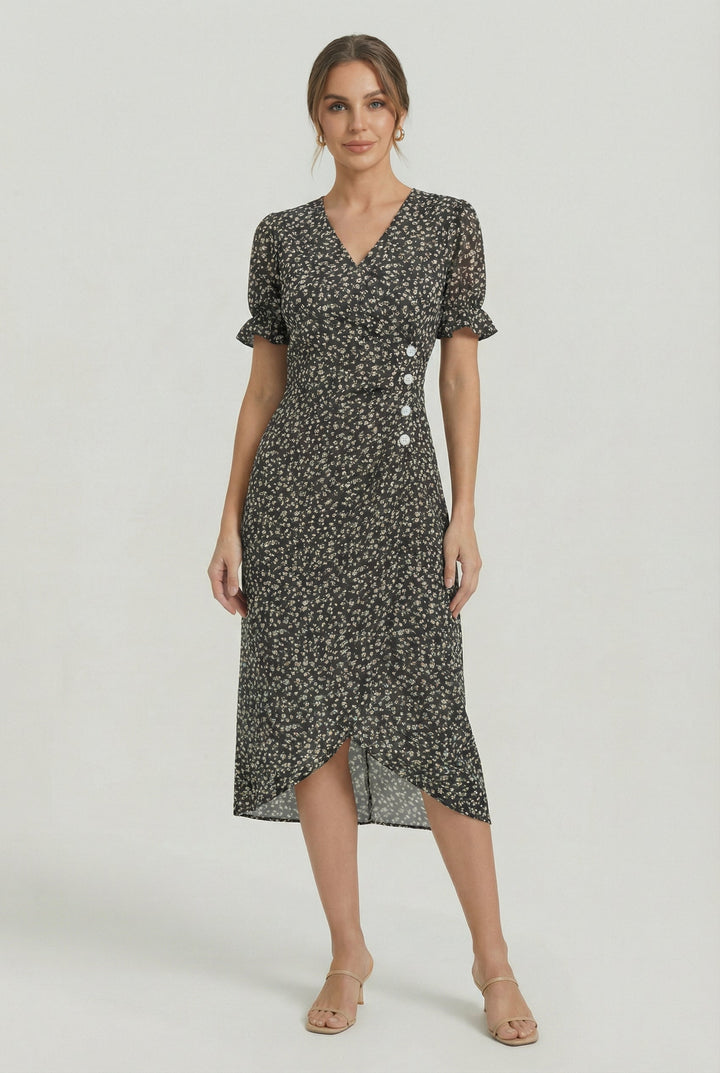 Versatile floral wrap midi dress, a must-have women's dress for warm weather.