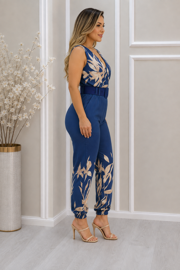 Stylish sleeveless V-neck women's floral jumpsuit with a flattering wrap front and comfortable wide legs.