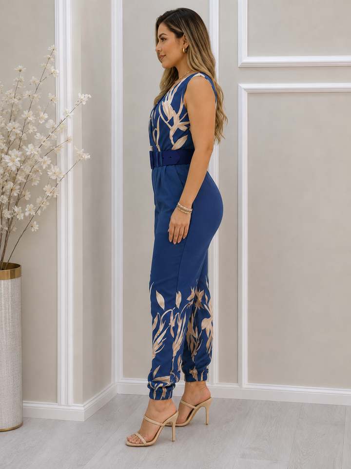 Chic women's floral print wide-leg jumpsuit with a belted waist, perfect for summer casual or elegant style.