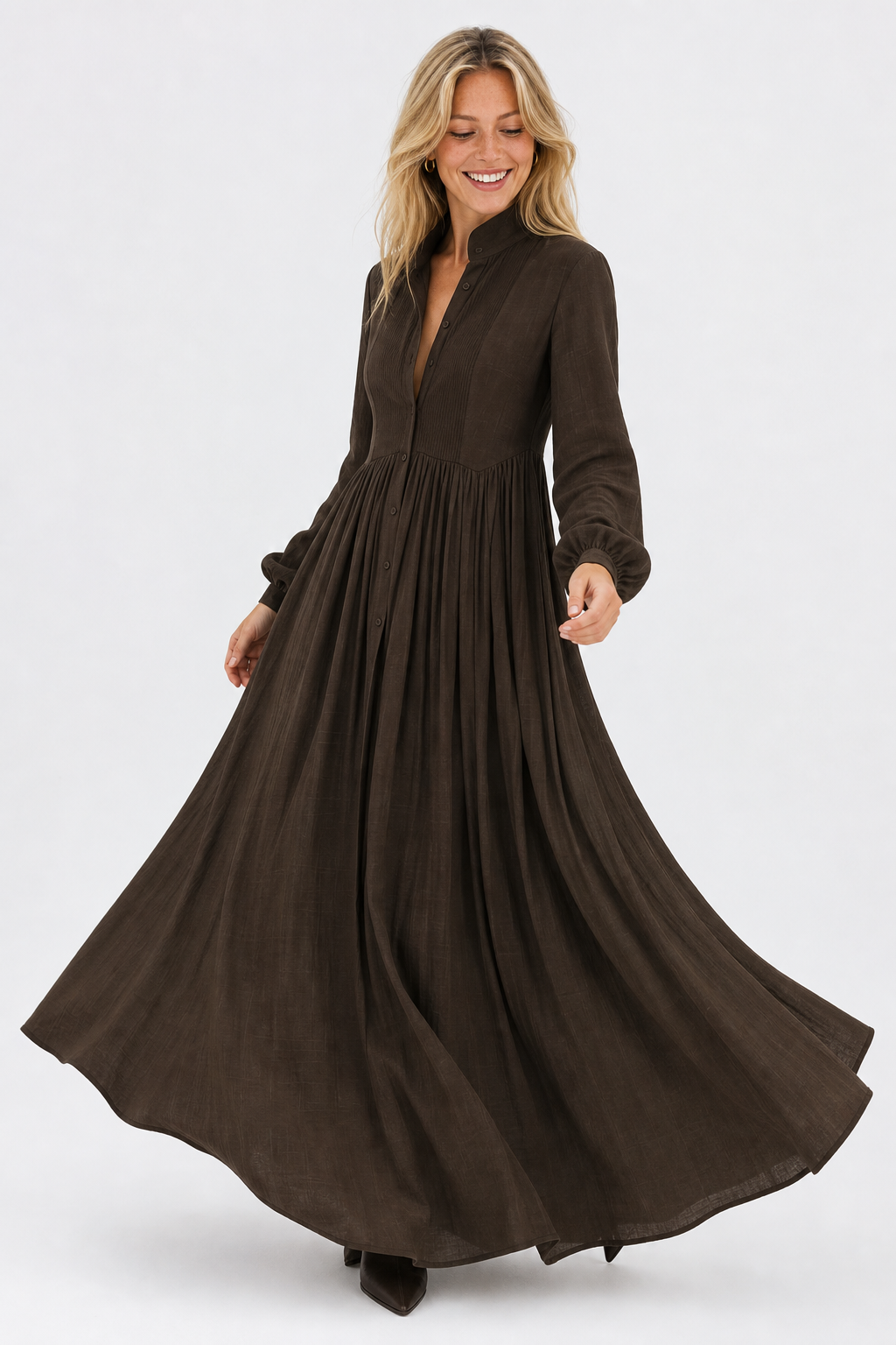Women's versatile A-line maxi dress, long sleeve with V-neck, relaxed fit, and convenient side pockets.