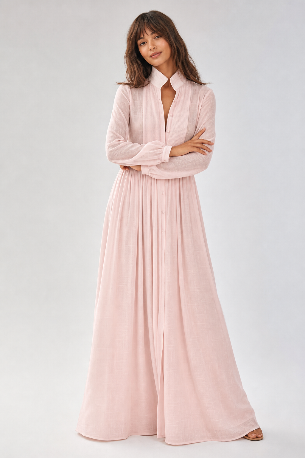 Effortless women's long sleeve maxi dress with pockets, A-line cut, V-neck, suitable for everyday wear.