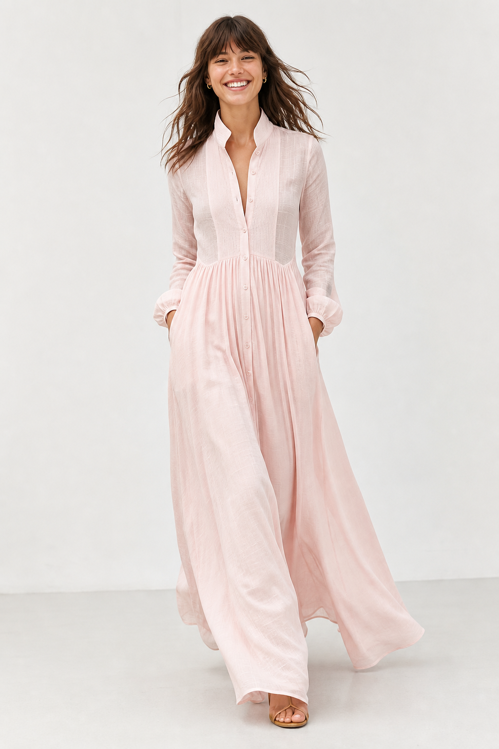 Women's comfortable V-neck maxi dress, flowing A-line design, long sleeves, and essential side pockets.