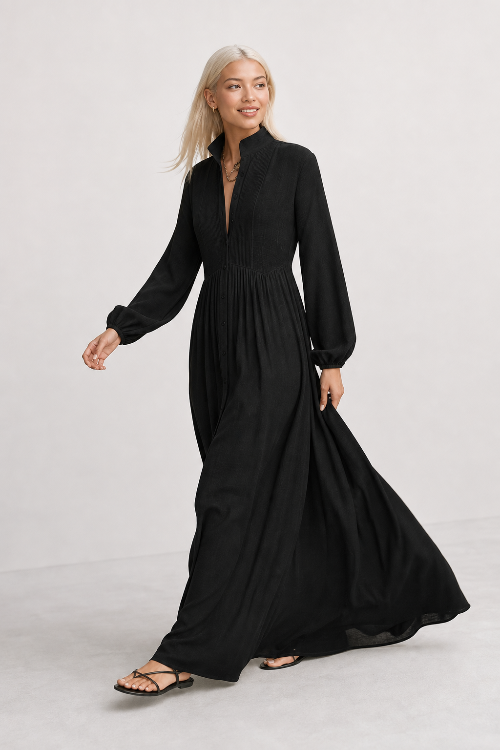 Relaxed fit women's everyday maxi dress, flowing A-line, long sleeve, V-neck, and practical pockets.