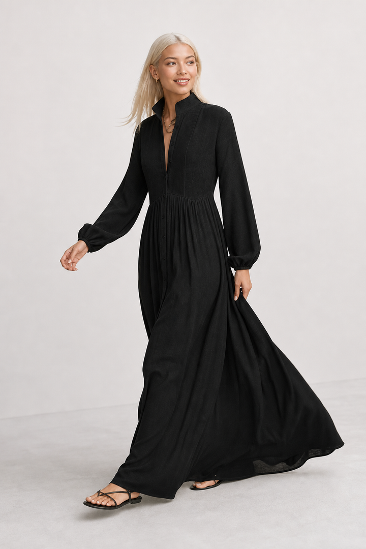 Relaxed fit women's everyday maxi dress, flowing A-line, long sleeve, V-neck, and practical pockets.
