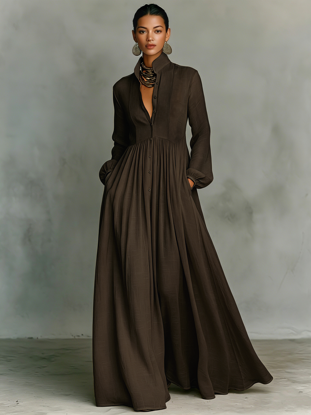 Effortless women's A-line maxi dress with pockets, long sleeve V-neck, perfect for elegant casual style.
