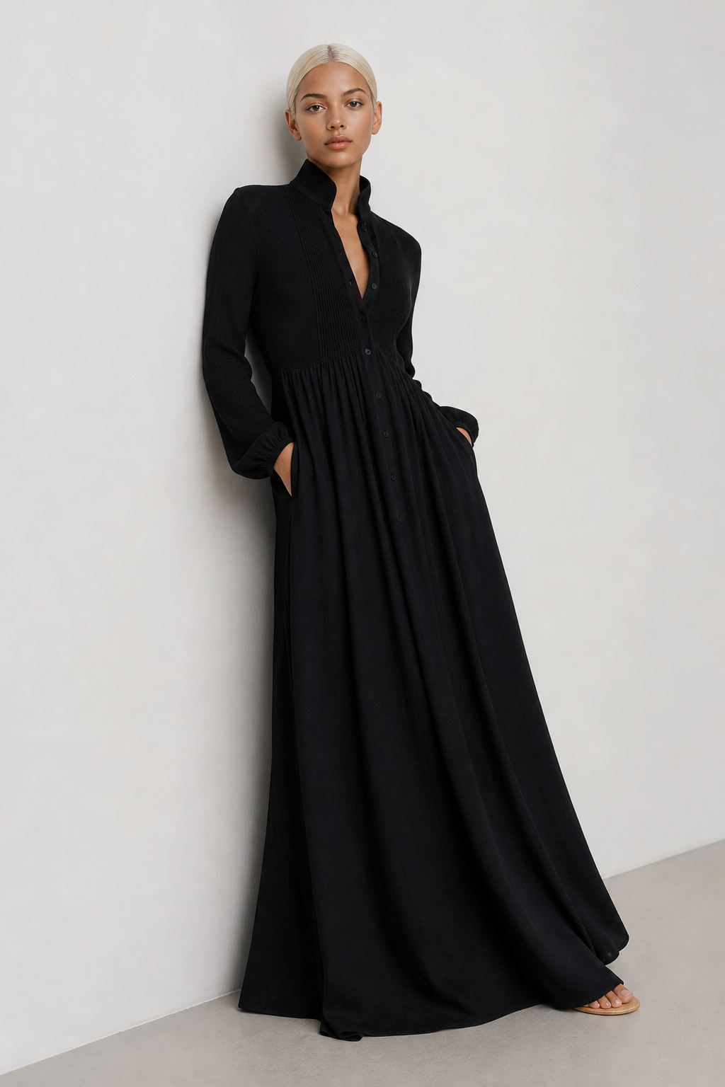 Effortless women's A-Line maxi dress, long sleeve V-neck design with comfortable pockets for casual wear.