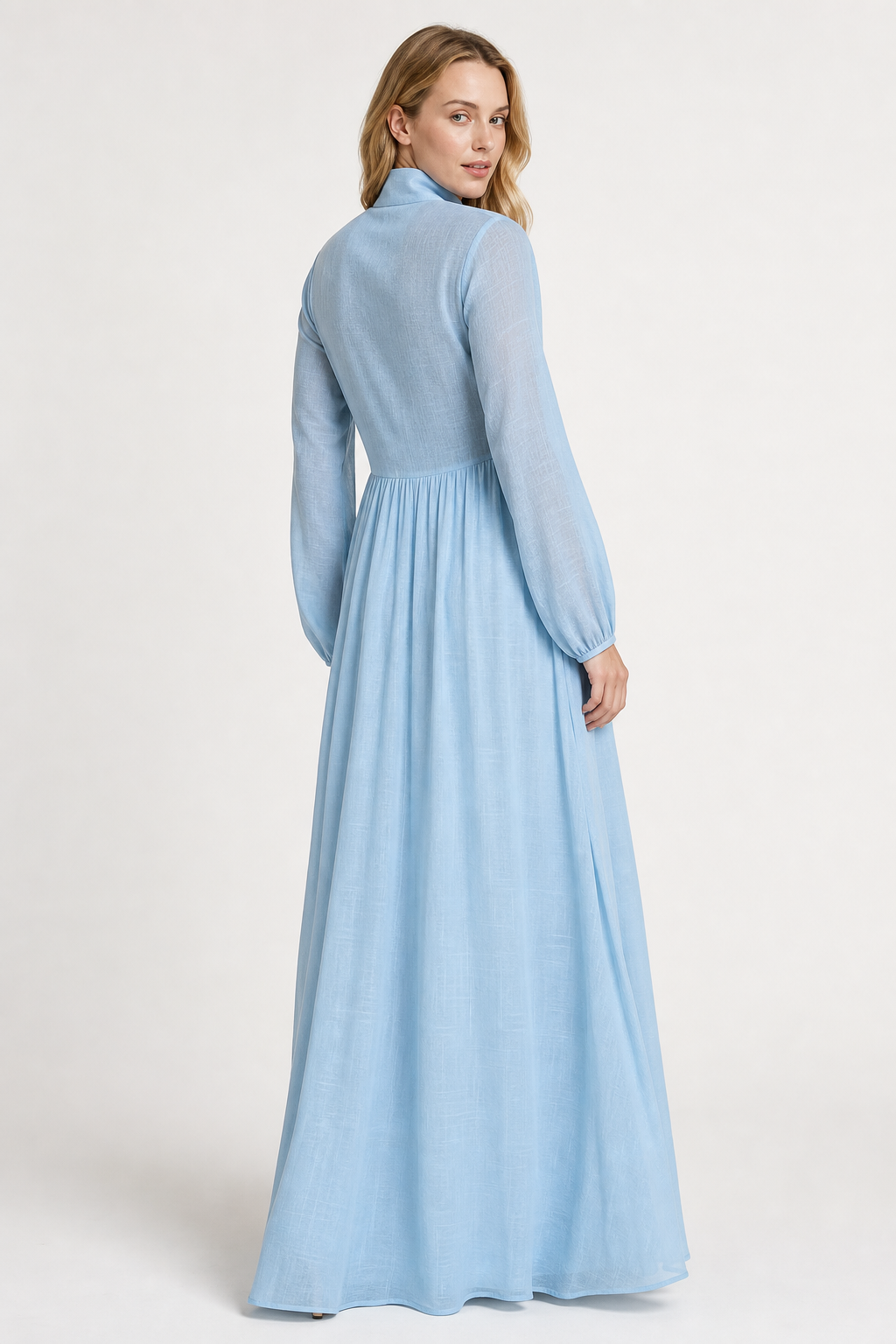 Women's elegant A-line maxi dress, long sleeve V-neck design, perfect for all-season effortless style.