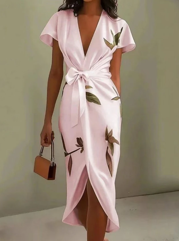 Feminine floral print wrap midi dress for women, featuring a flattering fit and flowing fabric, ideal for summer events.