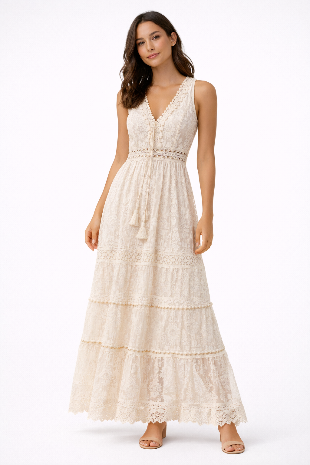 Elegant women's flowing maxi boho dress with V-neck, ideal for beach, summer, or casual holiday fashion.