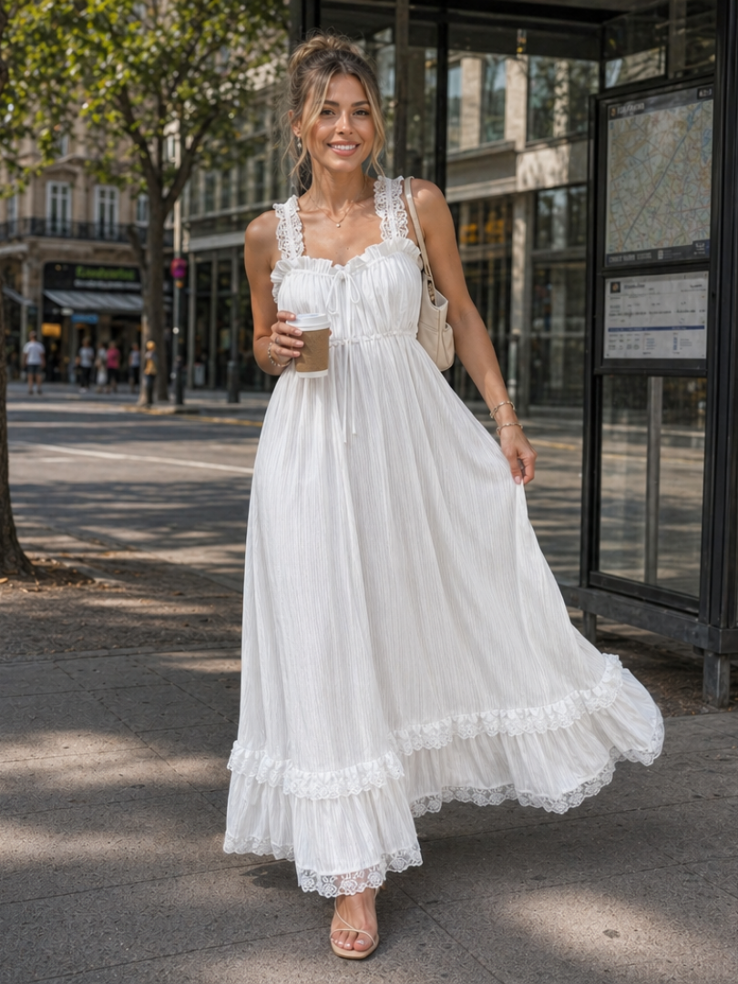 Elegant women's sleeveless midi dress, featuring ruffle straps & a flowing skirt, ideal for summer, vacation, or casual style.