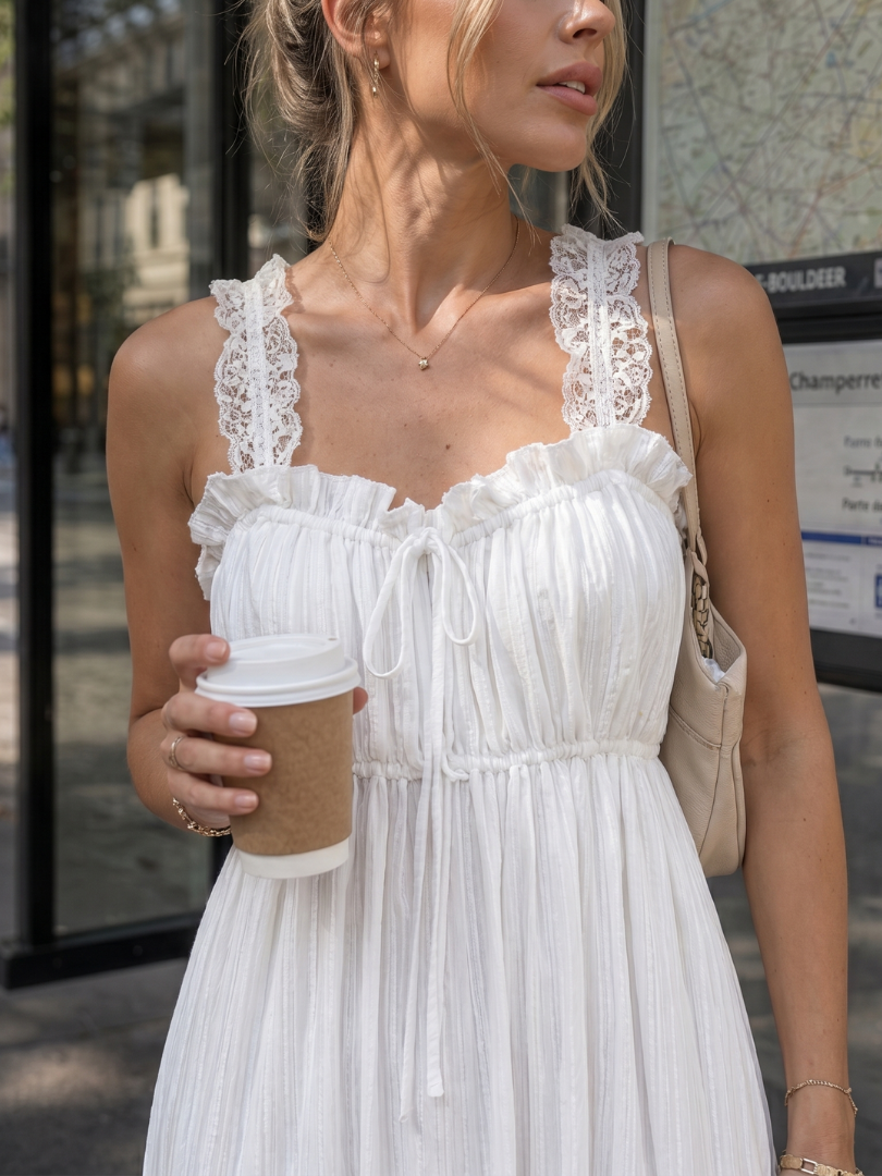 Comfortable women's sleeveless midi dress with delicate ruffle straps and a flowing skirt, ideal for everyday summer style.