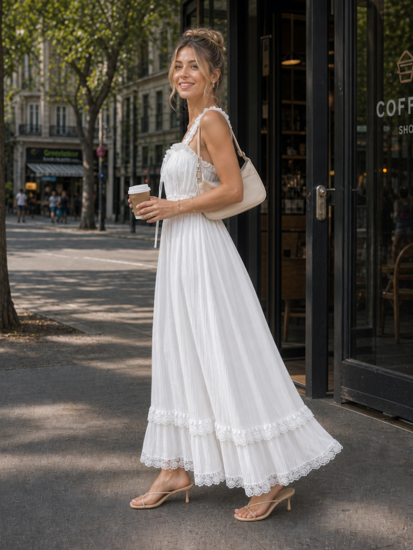 Stylish women's sleeveless midi dress, featuring graceful ruffle straps & a flowing silhouette, perfect for summer fashion.