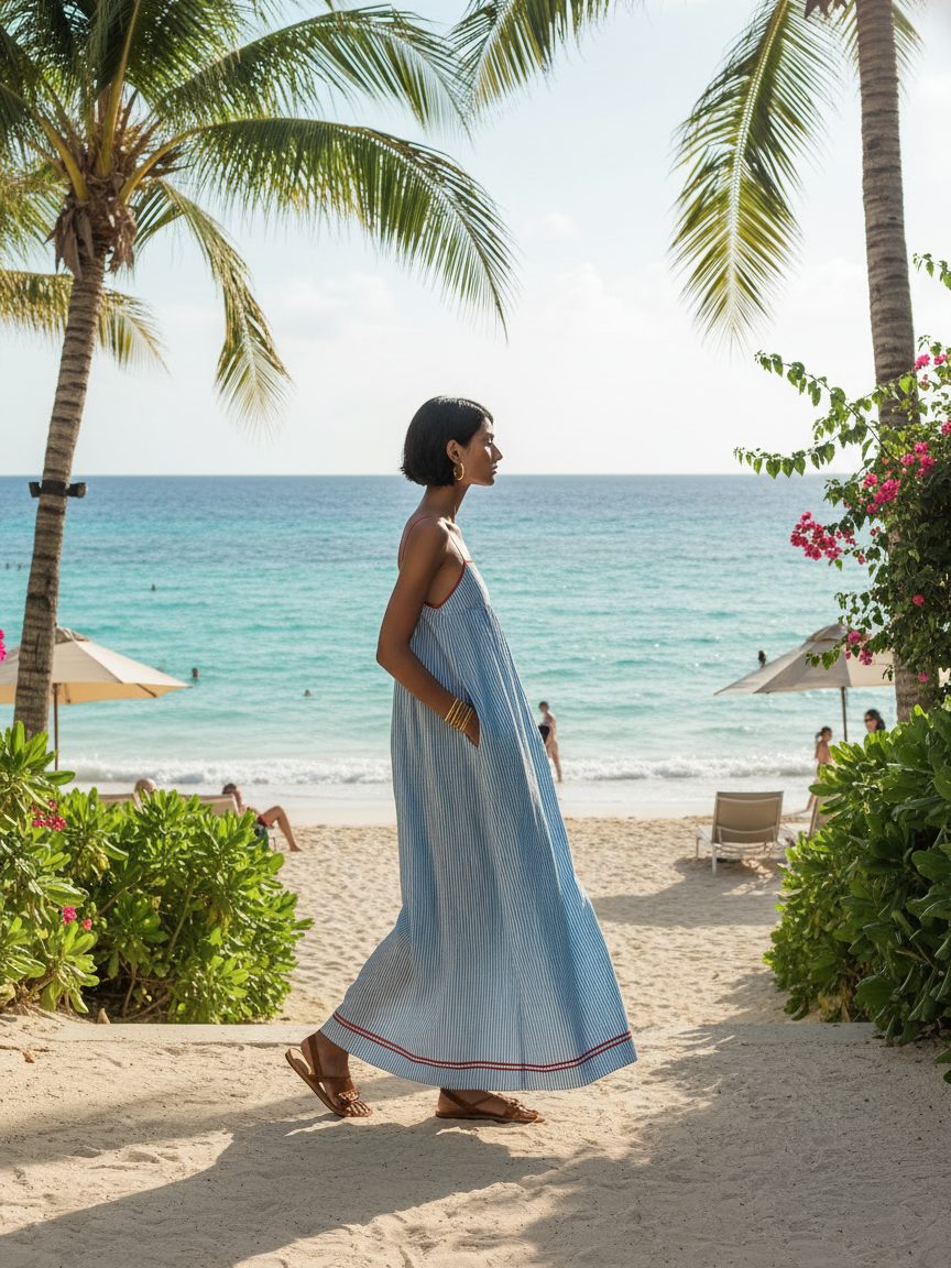 Sleeveless striped maxi dress for women, a beachwear essential with a flattering flowy design.