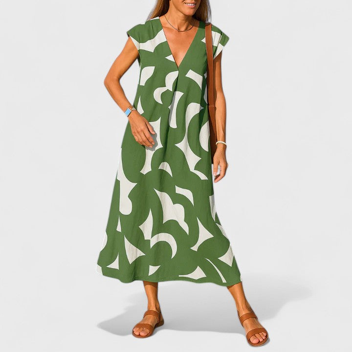 Stylish women's flowing V-neck casual summer dress, a versatile wardrobe essential for warm weather.