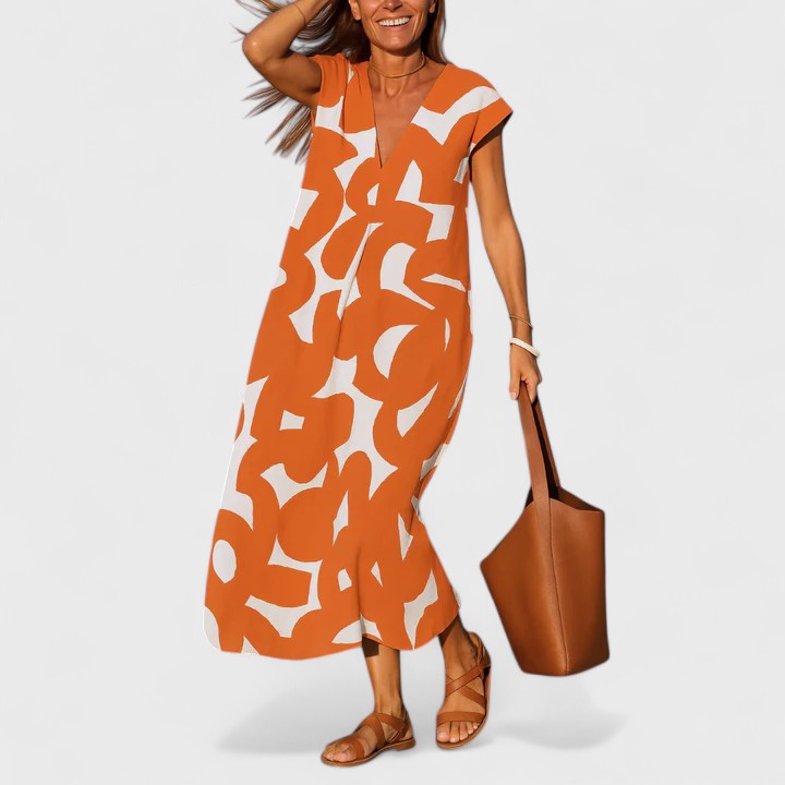 Chic women's V-neck flowing summer dress, a comfortable and versatile maxi style for any casual occasion.