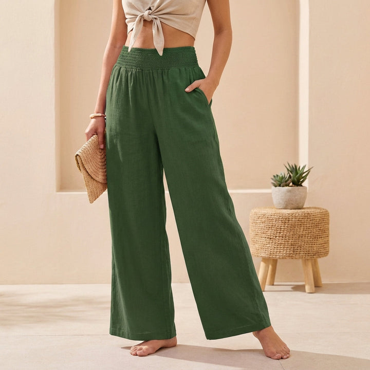 Stylish wide-leg casual pants for women, featuring a flattering smocked waistband.